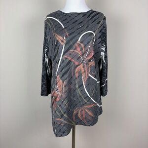 Jess & Jane Top Womens Large Gray Lily Floral Asymmetrical 3/4 Sleeve Tunic Boho